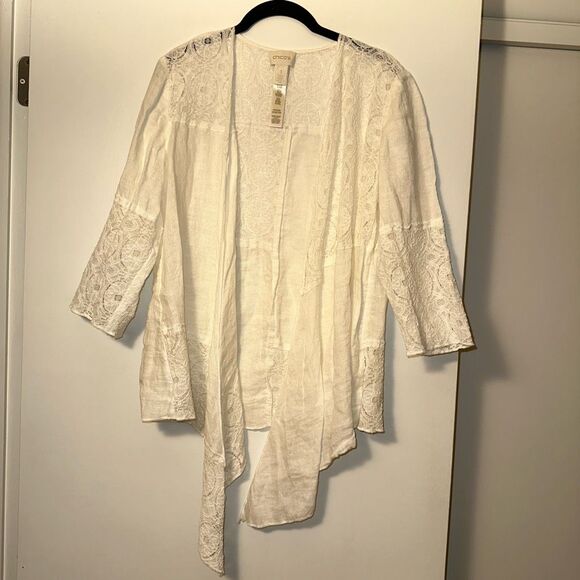 Chicos Linen Lace Panel Cardigan Asymmetrical White Size 1 (Medium) EUC - Picture 1 of 11